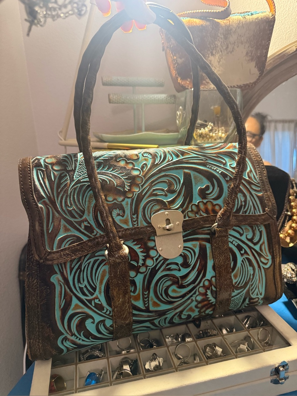 Turquoise Tooled Leather Satchel Handbag - Brown Trim